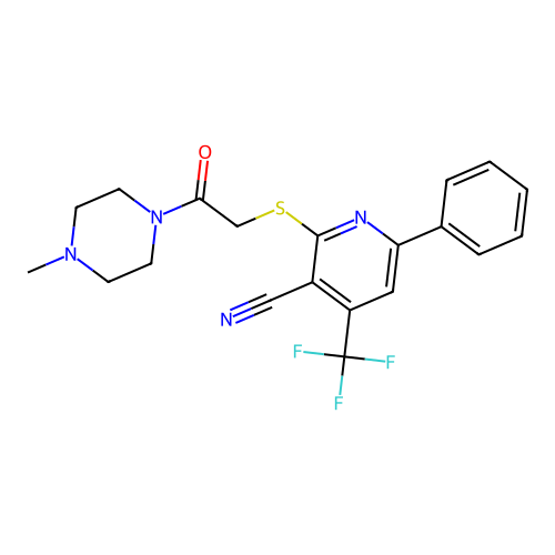 2-((2-(4-methylpiperazin-1-yl)-2-oxoethyl)thio)-6-phenyl-4-(trifluoromethyl)nicotinonitrile structure