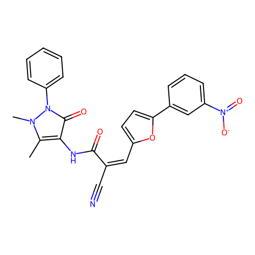 (2Z)-2-cyano-N-(1,5-dimethyl-3-oxo-2-phenyl-2,3-dihydro-1H-pyrazol-4-yl)-3-[5-(3-nitrophenyl)furan-2-yl]prop-2-enamide structure