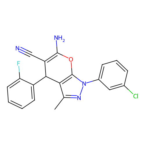 6-amino-1-(3-chlorophenyl)-4-(2-fluorophenyl)-3-methyl-1,4-dihydropyrano[2,3-c]pyrazole-5-carbonitrile structure