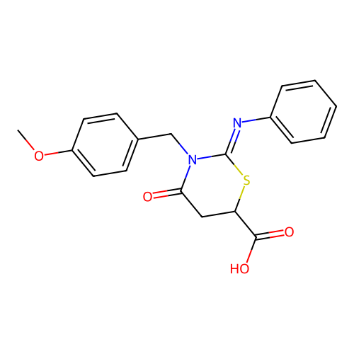 (2Z)-3-(4-methoxybenzyl)-4-oxo-2-(phenylimino)-1,3-thiazinane-6-carboxylic acid structure