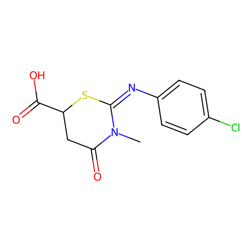 (2E)-2-[(4-chlorophenyl)imino]-3-methyl-4-oxo-1,3-thiazinane-6-carboxylic acid structure