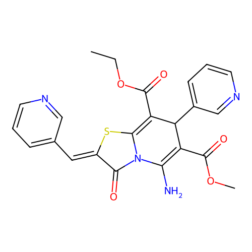 (Z)-8-ethyl 6-methyl 5-amino-3-oxo-7-(pyridin-3-yl)-2-(pyridin-3-ylmethylene)-3,7-dihydro-2H-thiazolo[3,2-a]pyridine-6,8-dicarboxylate structure