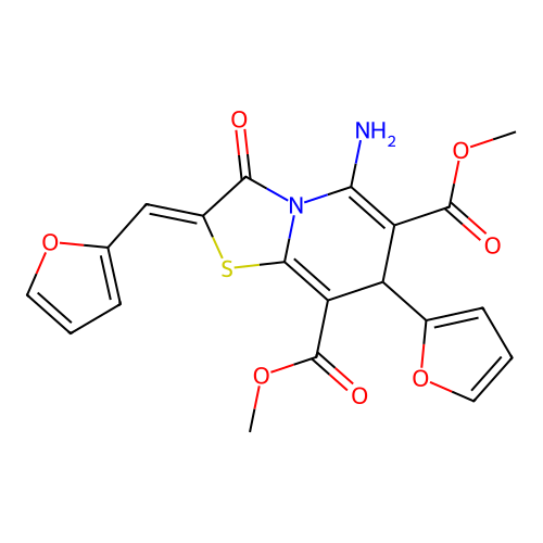 (Z)-dimethyl 5-amino-7-(furan-2-yl)-2-(furan-2-ylmethylene)-3-oxo-3,7-dihydro-2H-thiazolo[3,2-a]pyridine-6,8-dicarboxylate structure