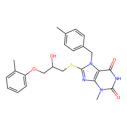 8-((2-hydroxy-3-(o-tolyloxy)propyl)thio)-3-methyl-7-(4-methylbenzyl)-1H-purine-2,6(3H,7H)-dione structure