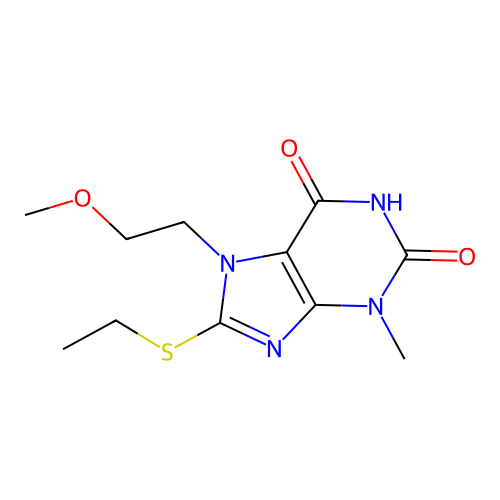 8-(ethylthio)-7-(2-methoxyethyl)-3-methyl-1H-purine-2,6(3H,7H)-dione structure