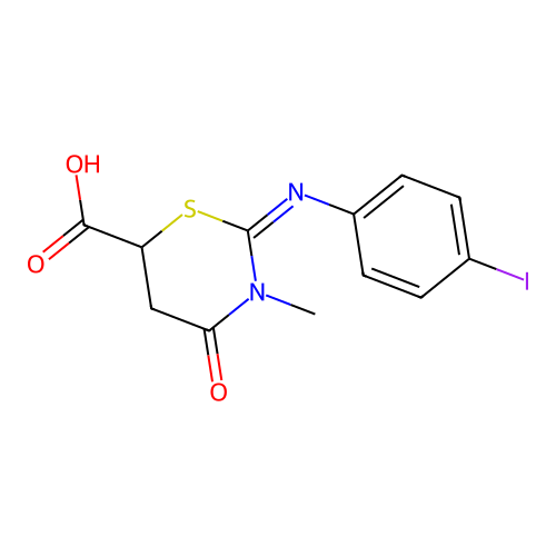 (Z)-2-((4-iodophenyl)imino)-3-methyl-4-oxo-1,3-thiazinane-6-carboxylic acid structure