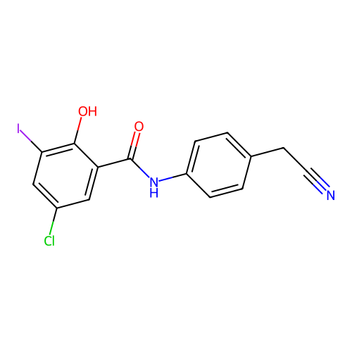 5-chloro-N-[4-(cyanomethyl)phenyl]-2-hydroxy-3-iodobenzamide structure