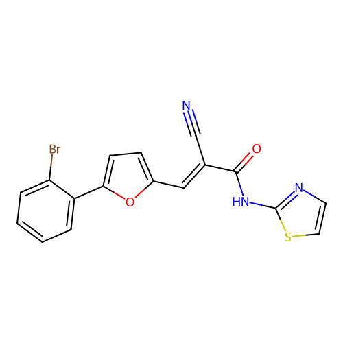 (E)-3-(5-(2-bromophenyl)furan-2-yl)-2-cyano-N-(thiazol-2-yl)acrylamide structure
