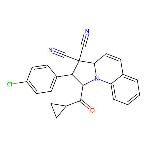 2-(4-chlorophenyl)-1-(cyclopropanecarbonyl)-1,2-dihydropyrrolo[1,2-a]quinoline-3,3(3aH)-dicarbonitrile structure