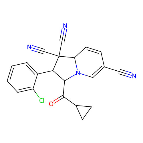 2-(2-chlorophenyl)-3-(cyclopropanecarbonyl)-3,8a-dihydro-2H-indolizine-1,1,6-tricarbonitrile structure