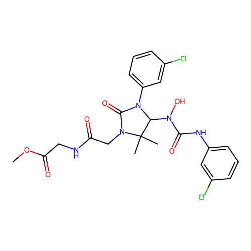 methyl 2-(2-(3-(3-chlorophenyl)-4-(3-(3-chlorophenyl)-1-hydroxyureido)-5,5-dimethyl-2-oxoimidazolidin-1-yl)acetamido)acetate structure