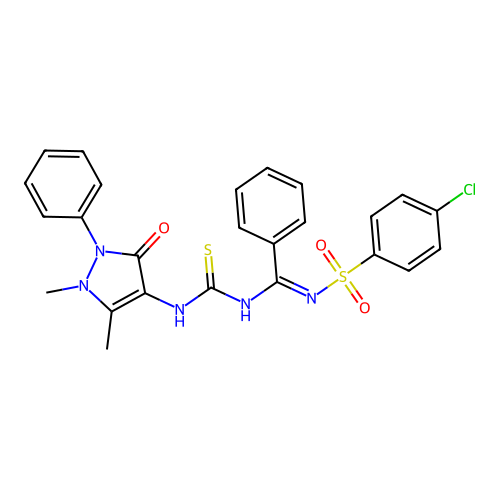 1-[(E)-N-(4-chlorophenyl)sulfonyl-C-phenylcarbonimidoyl]-3-(1,5-dimethyl-3-oxo-2-phenylpyrazol-4-yl)thiourea structure