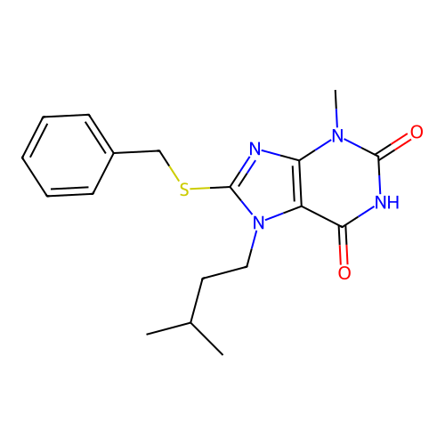 8-(benzylthio)-7-isopentyl-3-methyl-3,7-dihydro-1H-purine-2,6-dione structure