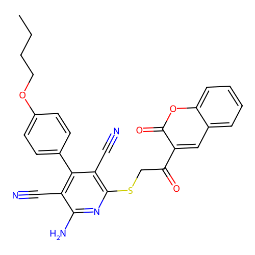 2-amino-4-(4-butoxyphenyl)-6-((2-oxo-2-(2-oxo-2H-chromen-3-yl)ethyl)thio)pyridine-3,5-dicarbonitrile structure