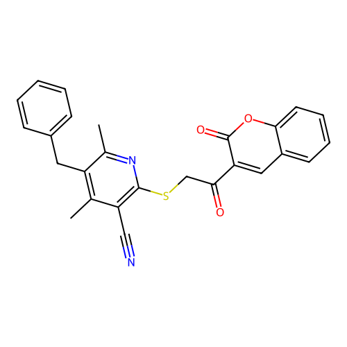 5-benzyl-4,6-dimethyl-2-((2-oxo-2-(2-oxo-2H-chromen-3-yl)ethyl)thio)nicotinonitrile structure
