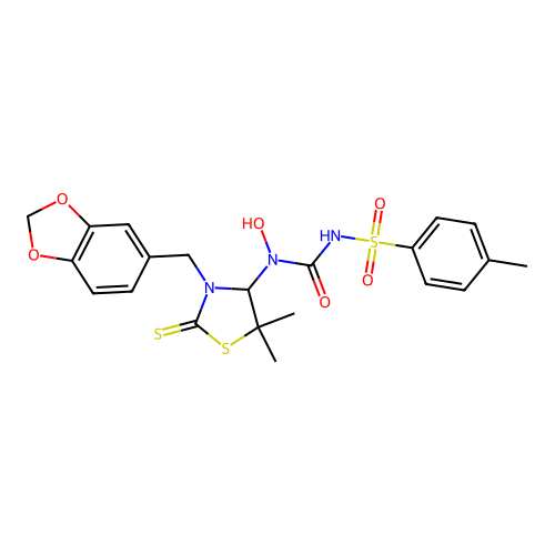 1-[3-(1,3-benzodioxol-5-ylmethyl)-5,5-dimethyl-2-sulfanylidene-1,3-thiazolidin-4-yl]-1-hydroxy-3-(4-methylphenyl)sulfonylurea structure