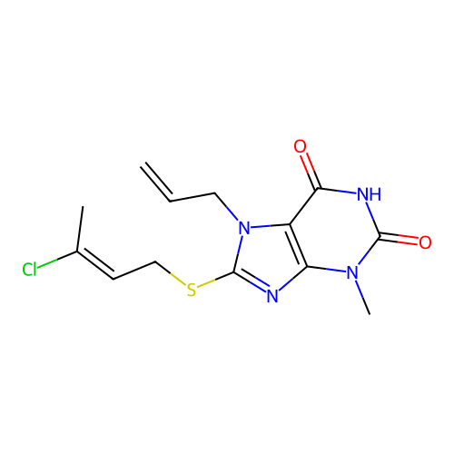 (E)-7-allyl-8-((3-chlorobut-2-en-1-yl)thio)-3-methyl-1H-purine-2,6(3H,7H)-dione structure