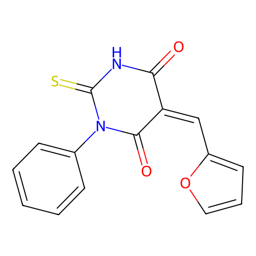 (5Z)-5-(furan-2-ylmethylidene)-1-phenyl-2-sulfanylpyrimidine-4,6(1H,5H)-dione structure