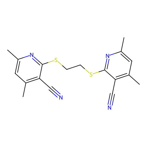 2,2'-(Ethane-1,2-diylbis(sulfanediyl))bis(4,6-dimethylnicotinonitrile) structure