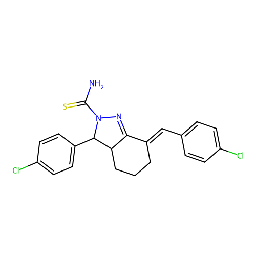 (7E)-3-(4-chlorophenyl)-7-[(4-chlorophenyl)methylidene]-3a,4,5,6-tetrahydro-3H-indazole-2-carbothioamide structure