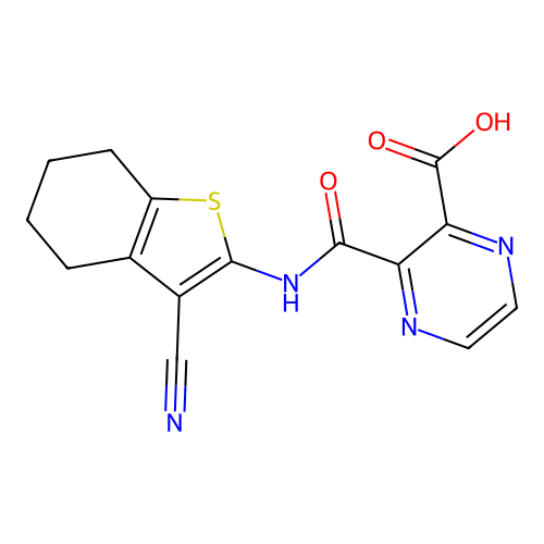 3-[(3-cyano-4,5,6,7-tetrahydro-1-benzothiophen-2-yl)carbamoyl]pyrazine-2-carboxylic acid structure