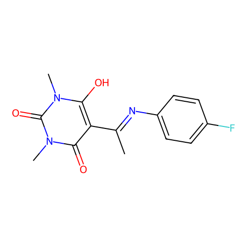 5-{1-[(4-fluorophenyl)amino]ethylidene}-1,3-dimethylpyrimidine-2,4,6(1H,3H,5H)-trione structure