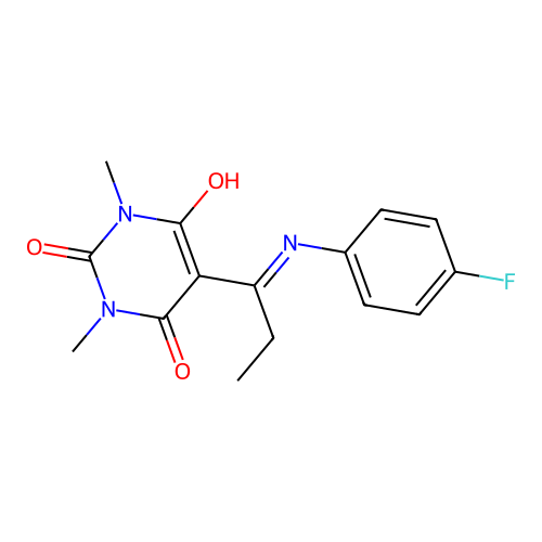 5-{1-[(4-fluorophenyl)amino]propylidene}-1,3-dimethylpyrimidine-2,4,6(1H,3H,5H)-trione structure