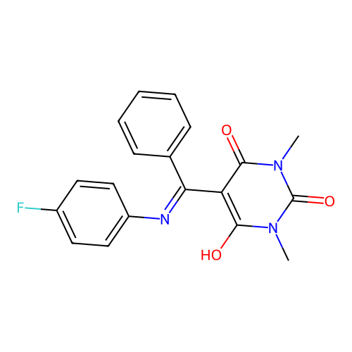 5-[(4-Fluoro-phenylamino)-phenyl-methylene]-1,3-dimethyl-pyrimidine-2,4,6-trione structure