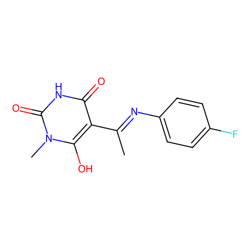 (Z)-5-(1-((4-fluorophenyl)amino)ethylidene)-1-methylpyrimidine-2,4,6(1H,3H,5H)-trione structure