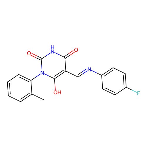 (5E)-5-[(4-fluoroanilino)methylidene]-1-(2-methylphenyl)-1,3-diazinane-2,4,6-trione structure
