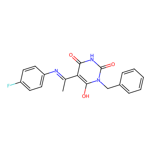 (Z)-1-benzyl-5-(1-((4-fluorophenyl)amino)ethylidene)pyrimidine-2,4,6(1H,3H,5H)-trione structure