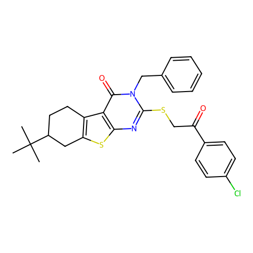 3-benzyl-7-tert-butyl-2-{[2-(4-chlorophenyl)-2-oxoethyl]sulfanyl}-5,6,7,8-tetrahydro[1]benzothieno[2,3-d]pyrimidin-4(3H)-one structure
