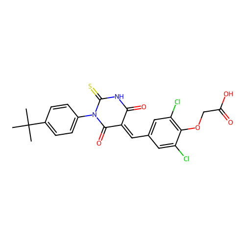 2-(4-((1-(4-(tert-butyl)phenyl)-4,6-dioxo-2-thioxotetrahydropyrimidin-5(2H)-ylidene)methyl)-2,6-dichlorophenoxy)acetic acid structure