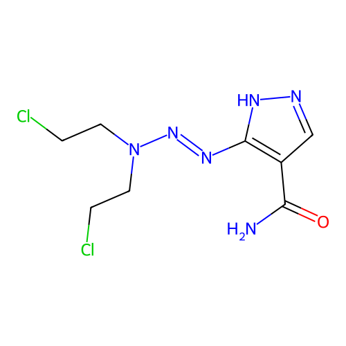 5-[bis(2-chloroethyl)aminodiazenyl]-1H-pyrazole-4-carboxamide structure
