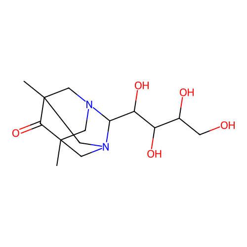 (1r,5R,7S)-5,7-dimethyl-2-(1,2,3,4-tetrahydroxybutyl)-1,3-diazaadamantan-6-one structure