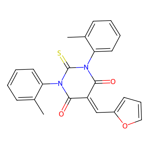 5-(furan-2-ylmethylene)-2-thioxo-1,3-di-o-tolyldihydropyrimidine-4,6(1H,5H)-dione structure