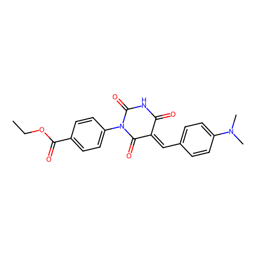 (E)-ethyl 4-(5-(4-(dimethylamino)benzylidene)-2,4,6-trioxotetrahydropyrimidin-1(2H)-yl)benzoate structure