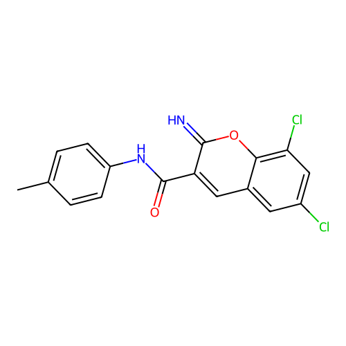 6,8-dichloro-2-imino-N-(4-methylphenyl)-2H-chromene-3-carboxamide structure