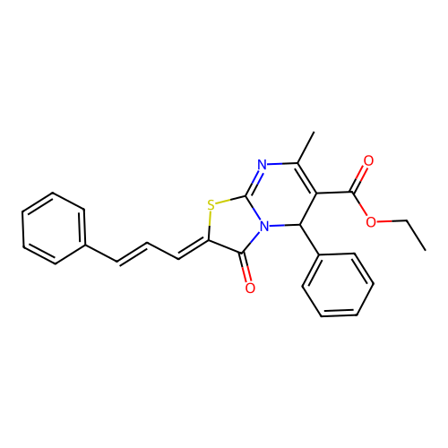ethyl (2E)-7-methyl-3-oxo-5-phenyl-2-[(2E)-3-phenylprop-2-en-1-ylidene]-2H,3H,5H-[1,3]thiazolo[3,2-a]pyrimidine-6-carboxylate structure