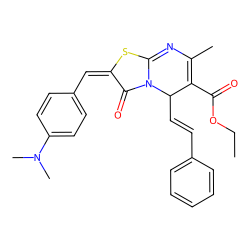 ethyl (2E)-2-[4-(dimethylamino)benzylidene]-7-methyl-3-oxo-5-[(E)-2-phenylethenyl]-2,3-dihydro-5H-[1,3]thiazolo[3,2-a]pyrimidine-6-carboxylate structure