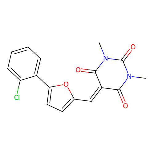 5-(5-(2-Chloro-phenyl)-furan-2-ylmethylene)-1,3-dimethyl-pyrimidine-2,4,6-trione structure