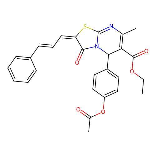 ethyl (2E)-5-[4-(acetyloxy)phenyl]-7-methyl-3-oxo-2-[(2E)-3-phenylprop-2-en-1-ylidene]-2,3-dihydro-5H-[1,3]thiazolo[3,2-a]pyrimidine-6-carboxylate structure