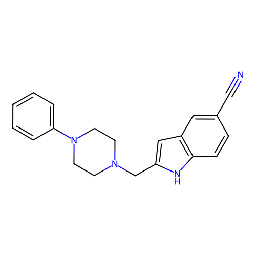 1H-Indole-5-carbonitrile, 2-((4-phenyl-1-piperazinyl)methyl)- structure