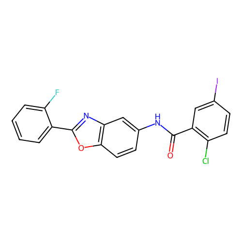 2-chloro-N-[2-(2-fluorophenyl)-1,3-benzoxazol-5-yl]-5-iodobenzamide structure