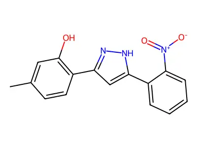 5-methyl-2-[5-(2-nitrophenyl)-1H-pyrazol-3-yl]phenol structure