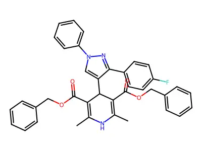 dibenzyl 4-(3-(4-fluorophenyl)-1-phenyl-1H-pyrazol-4-yl)-2,6-dimethyl-1,4-dihydropyridine-3,5-dicarboxylate structure