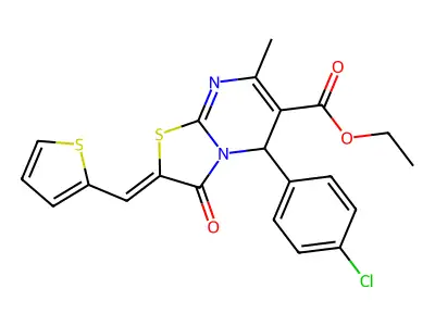 ethyl (2E)-5-(4-chlorophenyl)-7-methyl-3-oxo-2-(thiophen-2-ylmethylidene)-5H-[1,3]thiazolo[3,2-a]pyrimidine-6-carboxylate structure