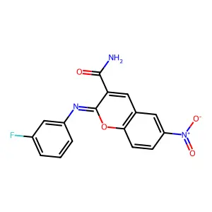 (Z)-2-((3-fluorophenyl)imino)-6-nitro-2H-chromene-3-carboxamide structure