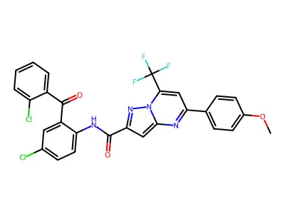 N-[4-chloro-2-(2-chlorobenzoyl)phenyl]-5-(4-methoxyphenyl)-7-(trifluoromethyl)pyrazolo[1,5-a]pyrimidine-2-carboxamide structure