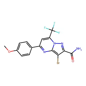 3-bromo-5-(4-methoxyphenyl)-7-(trifluoromethyl)pyrazolo[1,5-a]pyrimidine-2-carboxamide structure